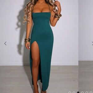 BRAND NEW babyboo emerald green Victoria maxi dress open back leg slit
